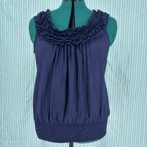 mine Glossy Navy Ruffled Neck Smocked Hem Sleeveless Top, Medium